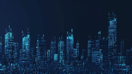Obraz premium Digital cityscape with buildings made of binary code, symbolizing the fusion between traditional architecture and modern technology in urban development. The background is dark blue to emphasize the g