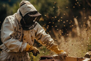 A man in protective beekeeping gear tends to a beehive