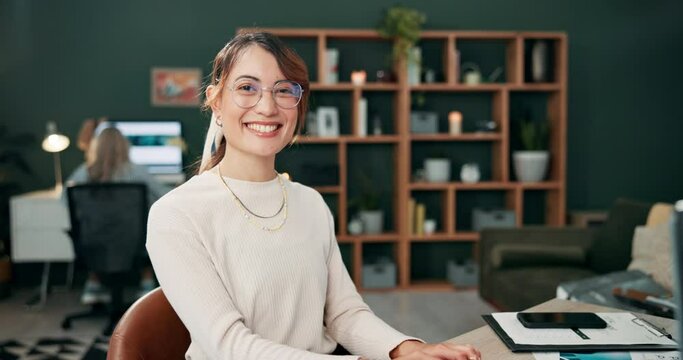 Woman, journalist and smile with typing in portrait on computer for deadline in office for company or business. Female person, technology and creative for project, target or goal in workplace for job