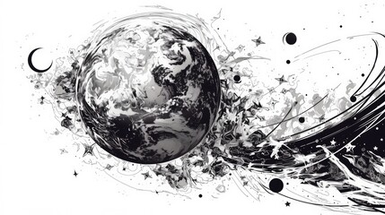 A meticulously crafted vintage style black and white hand drawn sketch of a moon planet stands out against a crisp white backdrop in this captivating 2d illustration