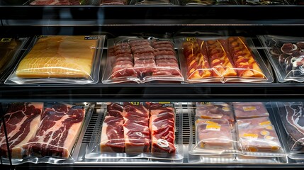 Vacuum-sealed meat packages arranged in a refrigerated display case at a store.