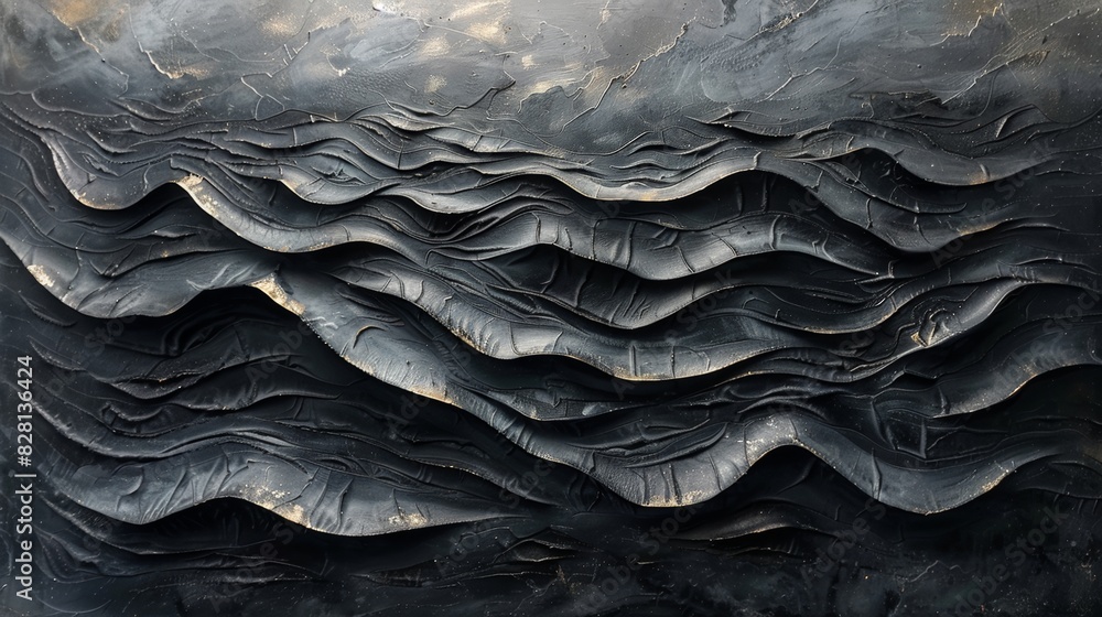 Poster an abstract painting with layers of neat lines in varying shades of black.