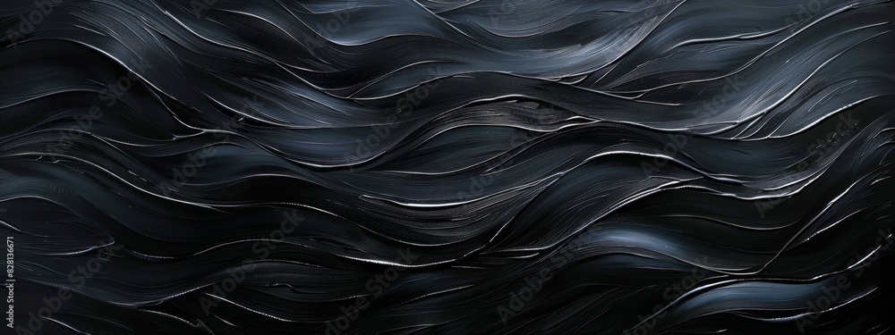 Poster an abstract painting with layers of neat lines in varying shades of black.