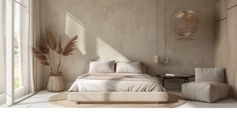 The bedroom has a spacious bed and a big window for natural light