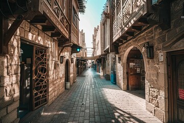 Fototapeta premium A narrow urban alleyway with a green traffic light hanging above