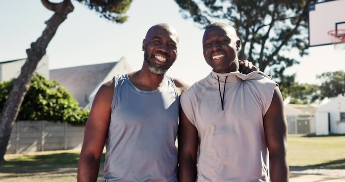 Face, black people and hug in basketball court after sports, fitness and challenge in nature. Players, exercise and training outside with father and son, smile and proud dad for hobby or performance