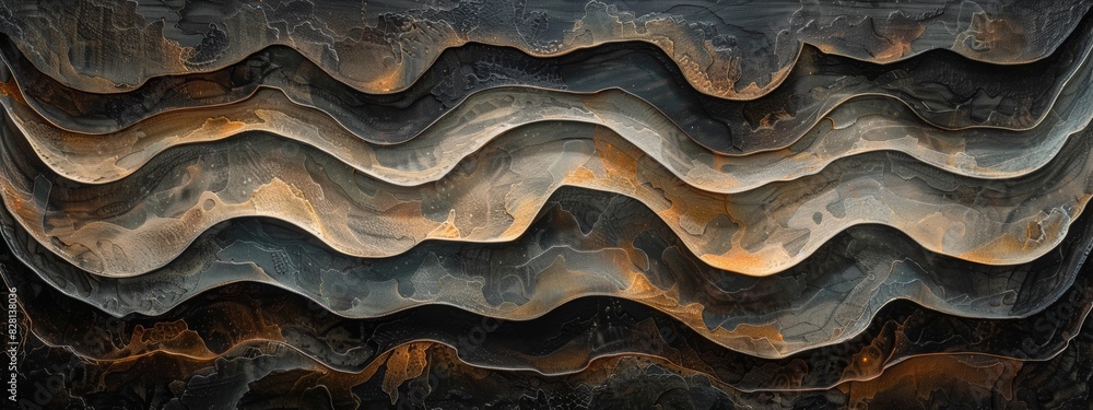 Poster an abstract painting with layers of neat lines in varying shades of black.