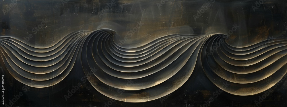 Poster an abstract painting with layers of neat lines in varying shades of black.