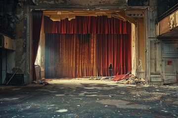 Abandoned theater with torn curtains