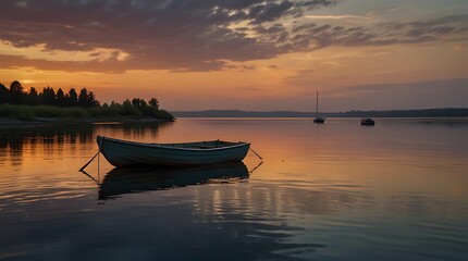 Naklejka premium boat sits calmly in a lake at sunset.