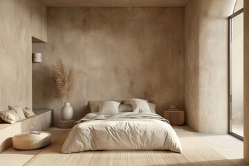 The bedroom has a spacious bed and a big window for natural light