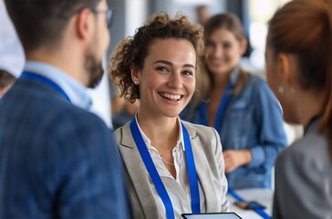Business conference networking session. A women smiles at a conference. Group of diverse business people in background. Successful business people concept