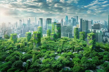 Obraz premium city skyline with overgrown foliage 