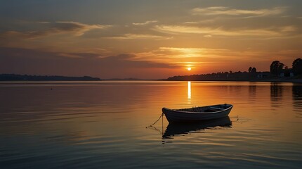  shows a boat on a lake at sunset with a forest on the shore.