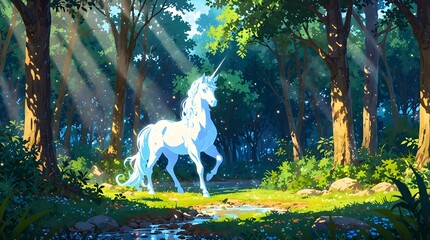 White unicorn in the forest. Beautiful sunshine.