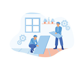 Contractor workers are installing indoor floor tiles. Home renovation services. Home renovation concept. Flat vector illustration.