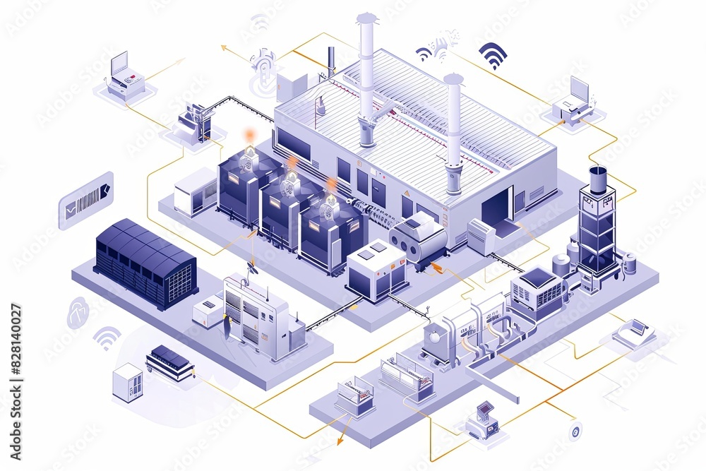 Poster a detailed view of a smart factory with interconnected machines and equipment working on various tas