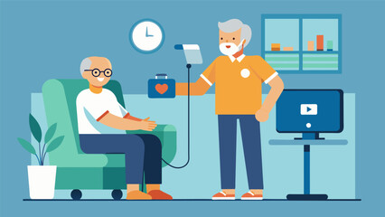 A man in his 70s receiving physical therapy at home through a telehealth program eliminating the need for transportation to a clinic.. Vector illustration