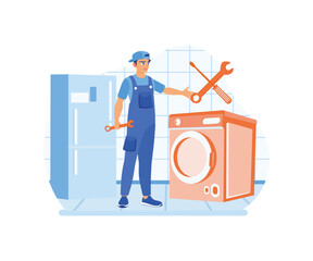 Home maintenance services. Technician repairing the washing machine. Home repair concept. Flat vector illustration.