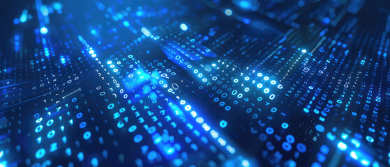 Blue computer binary code and glowing shining light effect vector illustration with digital technology concept wide background