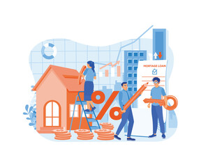 A man and a woman calculate a home mortgage rate. People invest money in houses. Real estate business concept. Flat vector illustration.