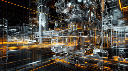 Fototapeta premium A futuristic cityscape with a lot of pipes and wires. The city is illuminated with bright lights, giving it a futuristic and industrial feel
