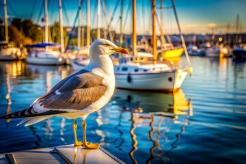 A photograph of a seagull perched atop a docked sailboat, its gaze scanning the harbor for food oppo