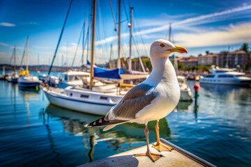A photograph of a seagull perched atop a docked sailboat, its gaze scanning the harbor for food oppo