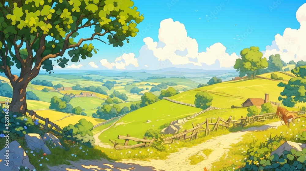 Poster Illustration depicting a charming cartoon country landscape in the midst of spring or summer complete with a winding road that stretches towards the horizon