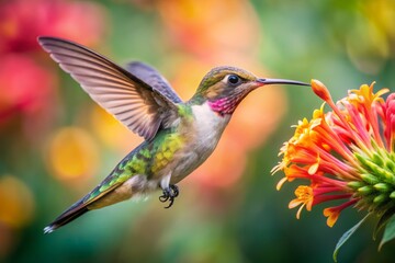 Naklejka premium A close-up of a delicate hummingbird sipping nectar from a bright flower, its wings a blur of motion