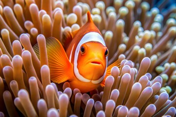 A clownfish nestled safely among the tentacles of a sea anemone