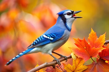 A blue jay squawking loudly to defend its territory, vibrant against the autumn leaves