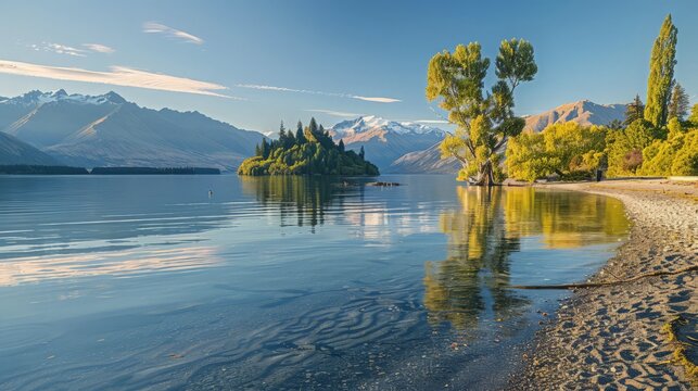 Lake Wanaka at sunrise is a sight to behold, with the famous Wanaka tree set against the serene lake and towering mountains