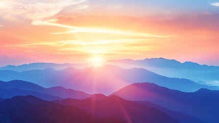 Obraz premium Sunrise over mountains close up, focus on, copy space Double exposure silhouette with mountains