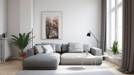 A modern living room with a large gray couch, plants, a coffee table, and a large picture on the wall. AIG51A.