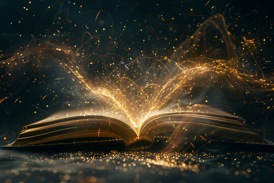 Open book with magic light on black,golden rays around the book