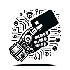 Icon design of a robotic hand holding a black card that floats in the air isolated on a white background
