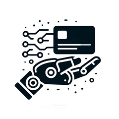 Icon design of a robotic hand holding a black card that floats in the air isolated on a white background
