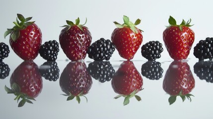 Strawberries and blackberry on white background with reflections