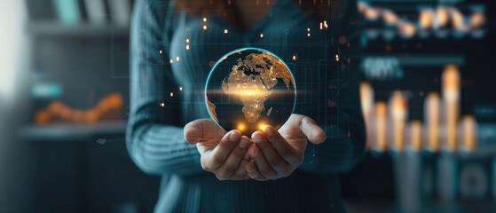 Close-up of business woman hand holding shining earth globe market symbolizing innovation and sustainability business strategy with charts and graphs projected on background