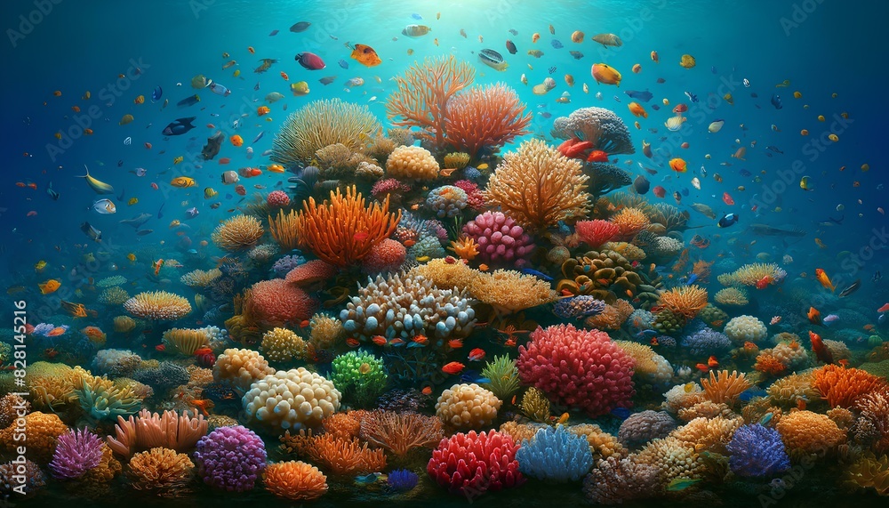 Wall mural Pictures of colorful corals growing on coral reefs. With various kinds of beautiful fish swimming around