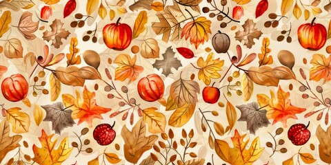 Scenic autumn view filled with pumpkins, ripe apples, and vibrant foliage. Seasonal harvest concept