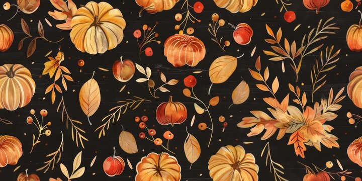 Vibrant autumn scene featuring pumpkins, apples, and colorful leaves. Harvest season concept