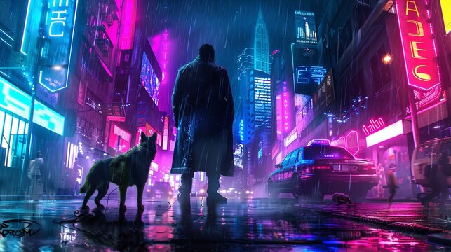 Fototapeta Man standing with his dog in cyberpunk city street under neon lights Wanderers in Neon City