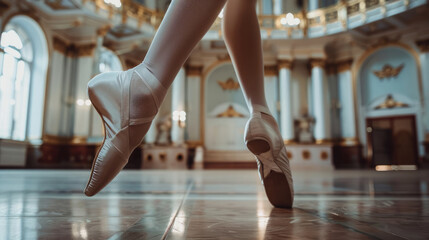 Close-up view of dancing legs feet of ballerina girl wearing white pointed shoes in ballroom