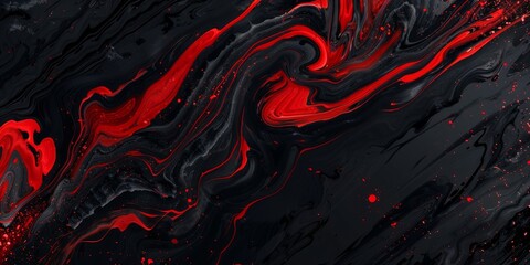A black and red abstract painting with red splatters