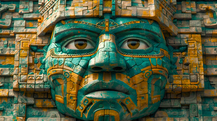 Fototapeta premium Ancient Mayan Mask Unveiled: Intricate Carvings and Enigmatic Presence