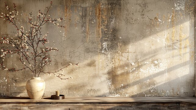 Warm Neutral Wabi Sabi Style Interior Mockup - Japanese minimalistic style and grungy wall.