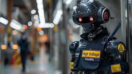 Fototapeta premium Labels and warning signs on the robot's clothing, such as 