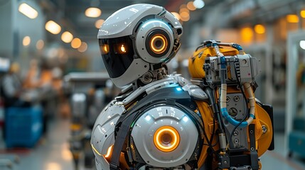 The robots back is equipped with a backpack-like attachment housing additional tools and spare parts, indicating its multifunctional capabilities and preparedness for various tasks. safety first for